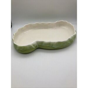 Vintage Haeger Console Bowl Chartreuse Ceramic Pottery Drip Glaze Scalloped Edge